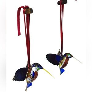 Cloisonné 1980’s 2 Enameled Hummingbirds w/Floral & Butterfly Details Ornaments